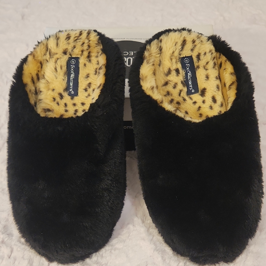 Women's Black Fuzzy Slippers With Leopard Print